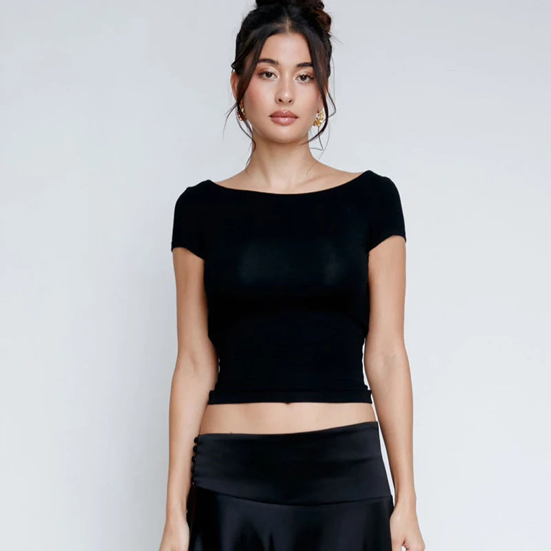 O Neck Short Sleeve Backless Ruched Crop Top