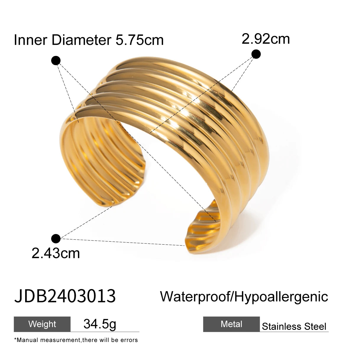 Stainless Steel Metal Ribbed Bangle Waterproof