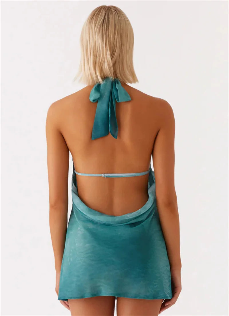 Tie Dye Halter Backless Mini Dress Women