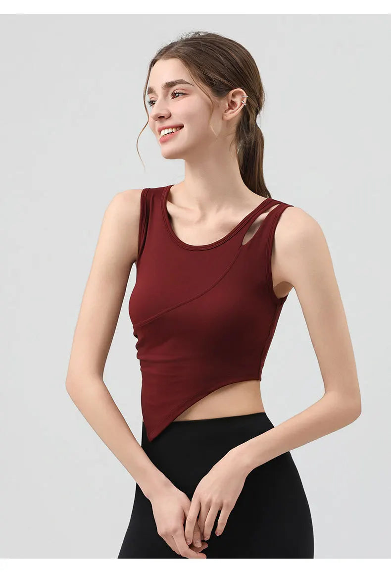 High Strength Women Yoga Irregular Lower Hem Shoulder Hollow Out Tank Top