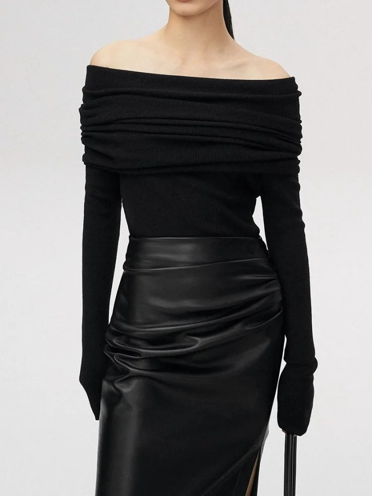 Slash Neck Sweater Women Tops Knitted Slim Basic - Norellé