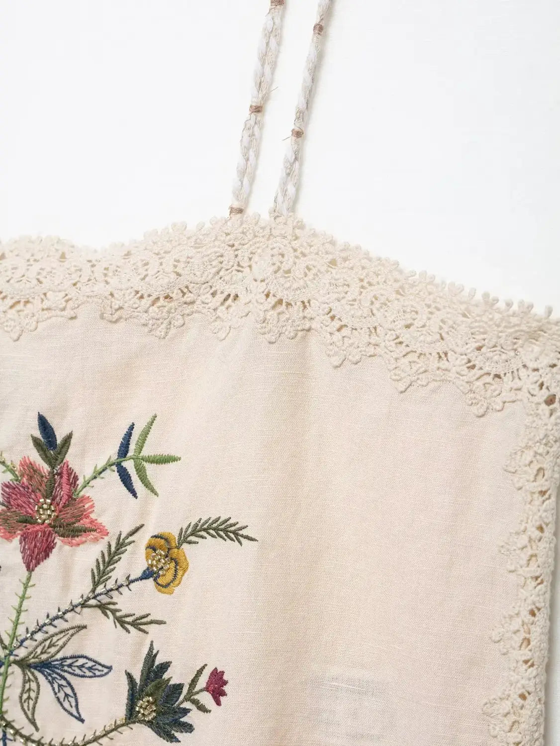 Women’s Casual Retro Flower Embroidered Lace Camisole Top with Versatile Mid-waist Shorts