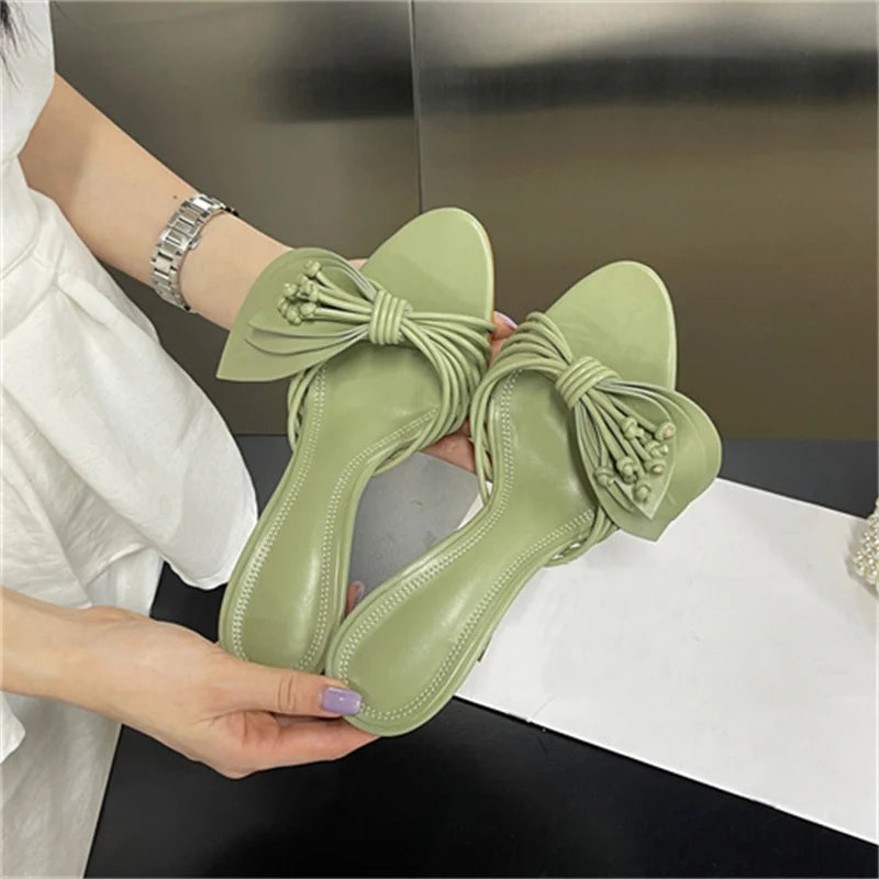 Women Green Leaf Narrow Band Summer Slipper Sandal