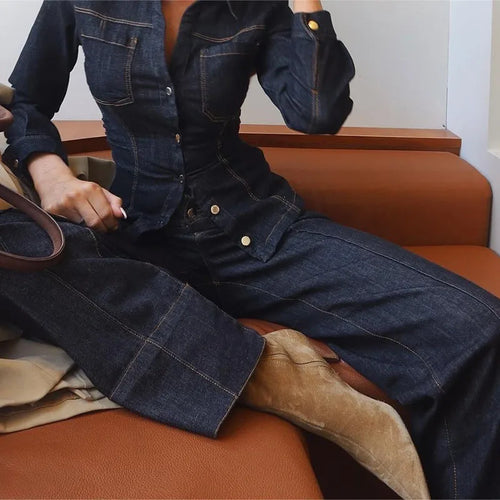 Chic Women's Vintage Denim Set Single Breasted Lapel Jacket - Norellé