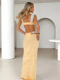 Knitted 3 Piece Bikini Sets Yellow Stripes Swimwear Stretchy Long Skirt High Waist - Norellé
