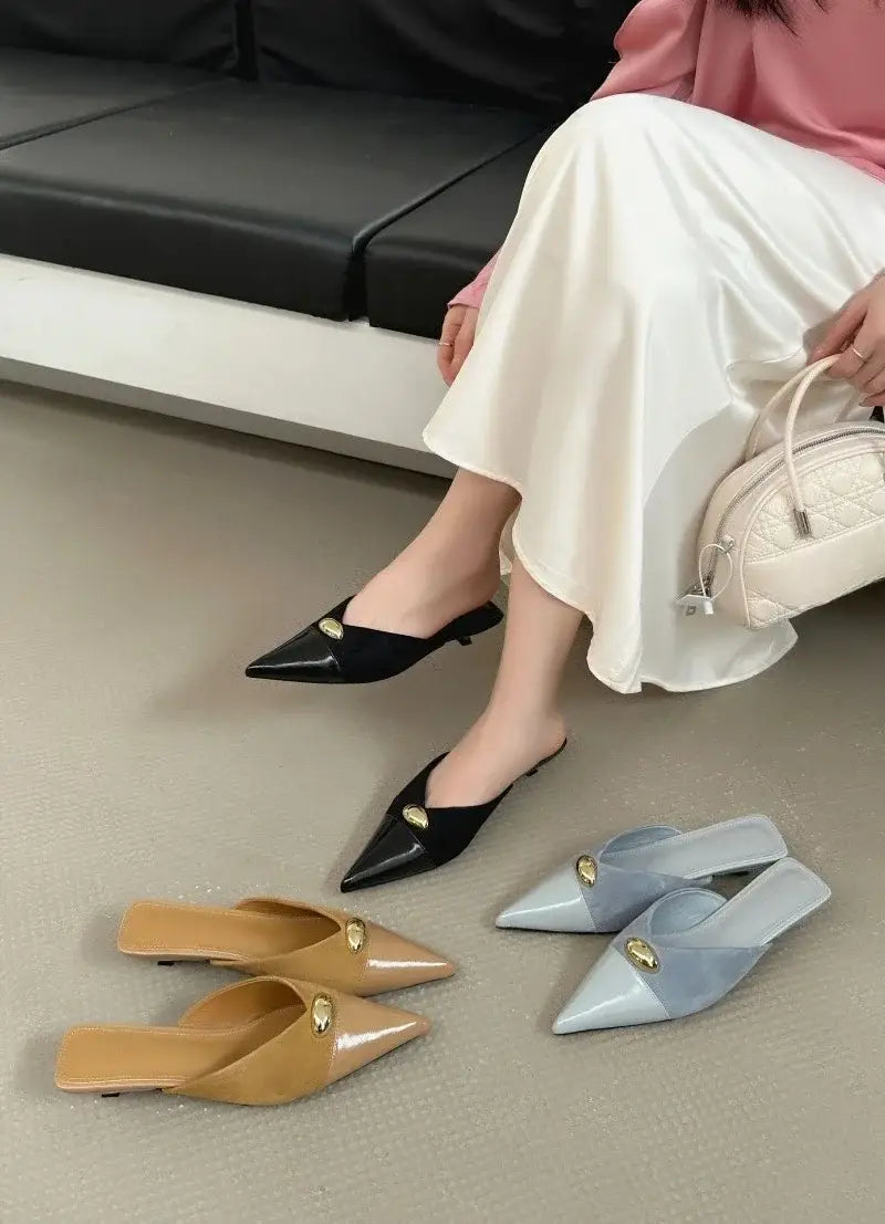 Metal Buckle Fashion Pointed Toe Mules