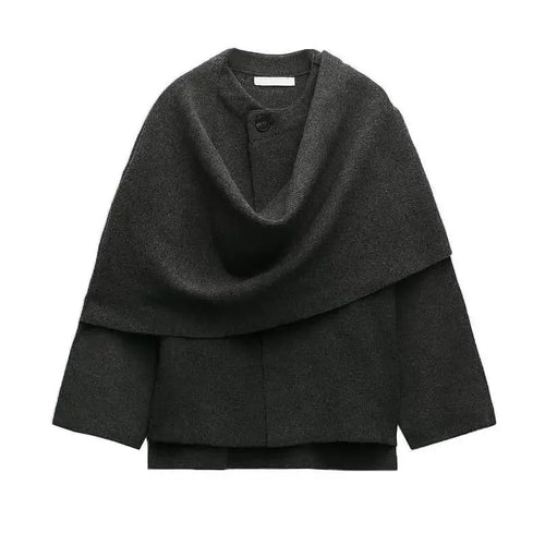 Women's Asymmetric Scarf Knitted Jacket O-neck Single Button Side - Norellé