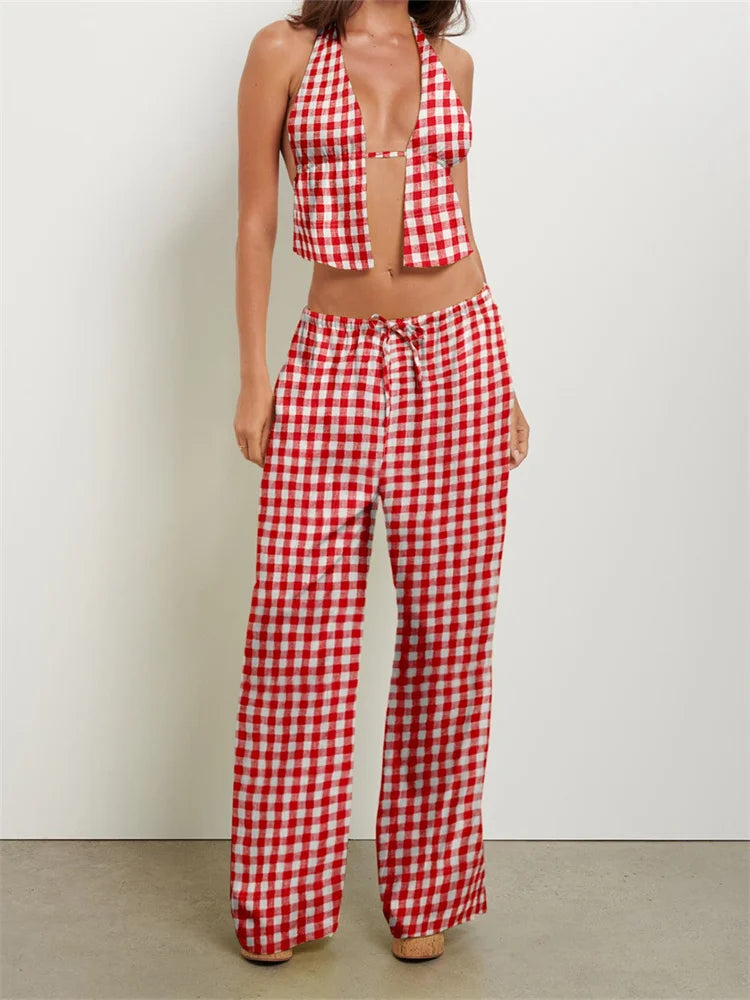 Women Pants Outfits Striped/Solid Halter Tie-Up Backless Tank Tops Wide-Leg 2 Pieces Set