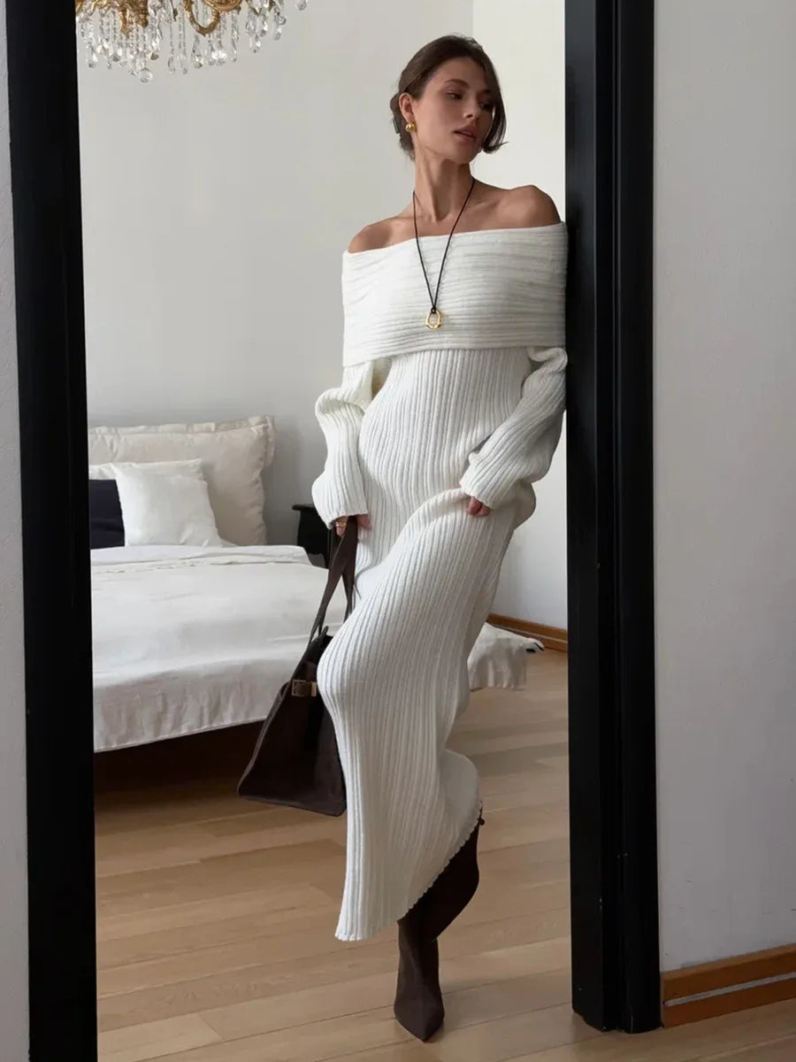 Knit Long Dress One Shoulder Sleeve