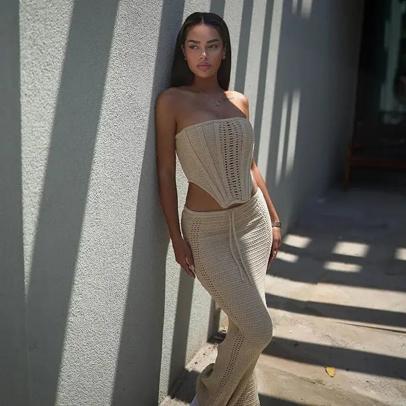 Knitted Beach Suit Women Backless Long Skirt and Top Set