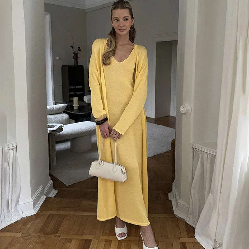 Women Long Dress Three Piece Solid Knit Halter Dress Long Sleeve Cardigan Set - Norellé