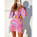 Print Bikini Sets High Waist With Beach Skirt Long Sleeve Crop Top Swimwear - Norellé