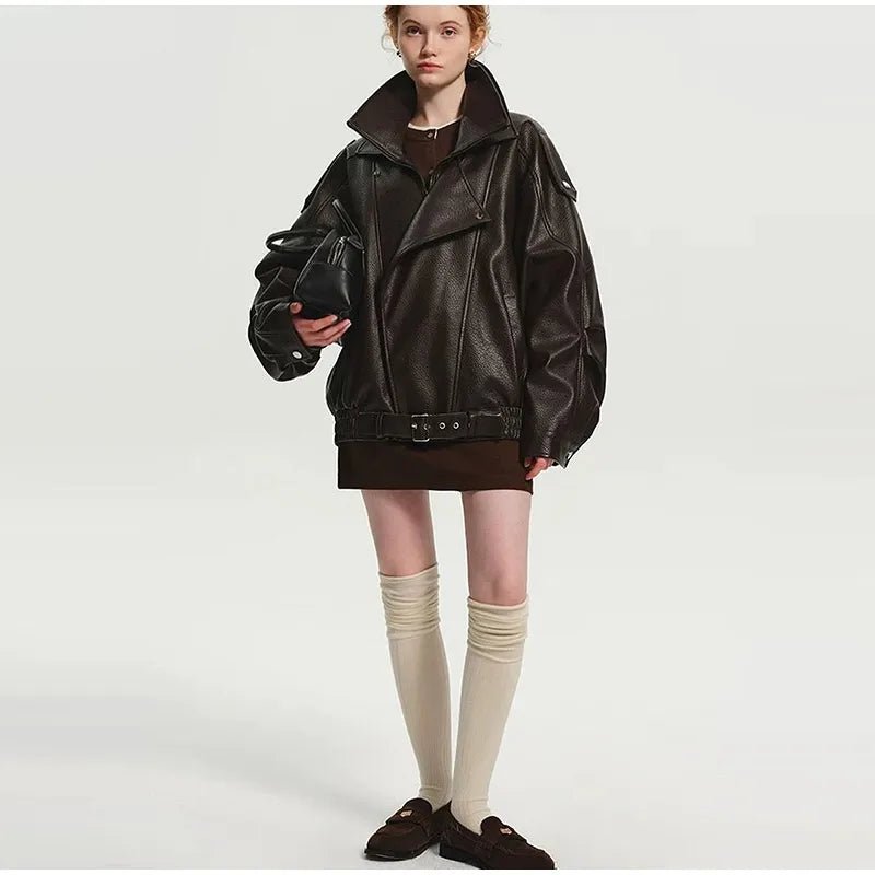 Street Lapel Zipper Leather Jacket Woman