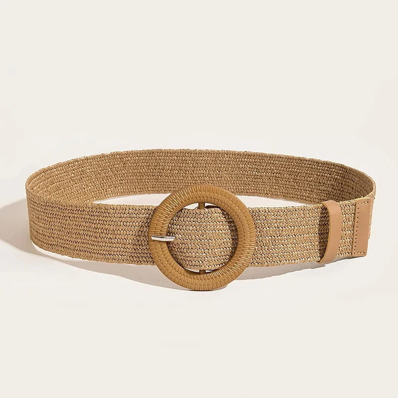 Women Round Buckle Boho Straw Belt