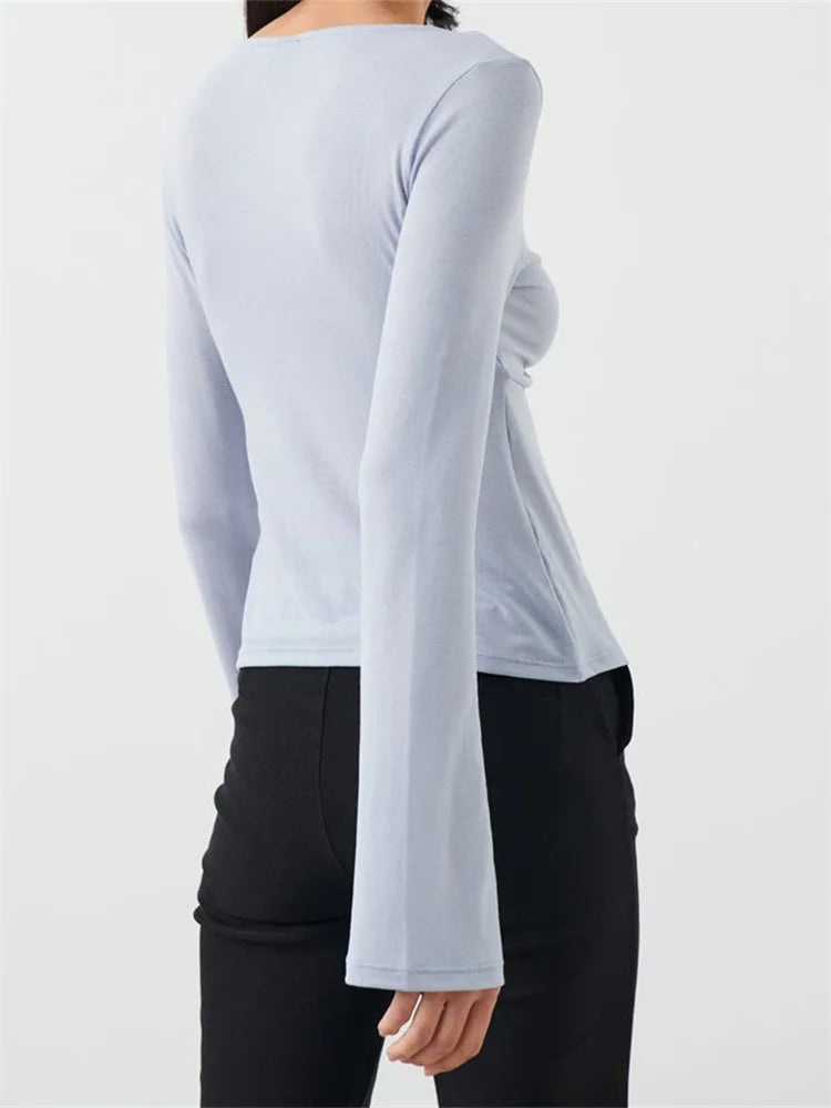 Women Slim Fit T-shirts Tops Long Sleeve V Neck