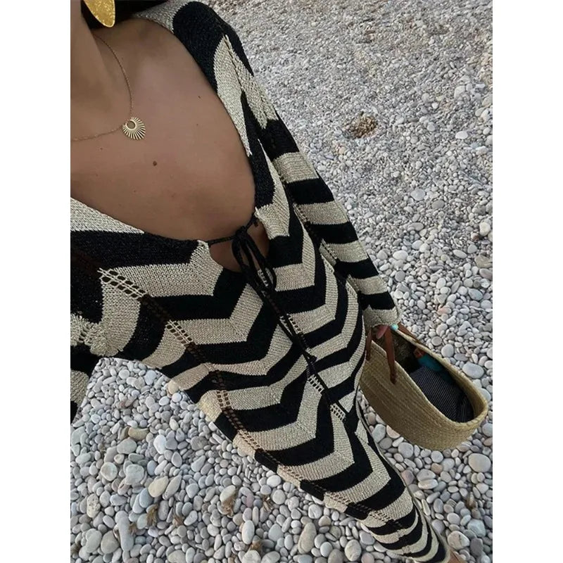 Striped Knitted Hollow Out Maxi Dress Women - Norellé