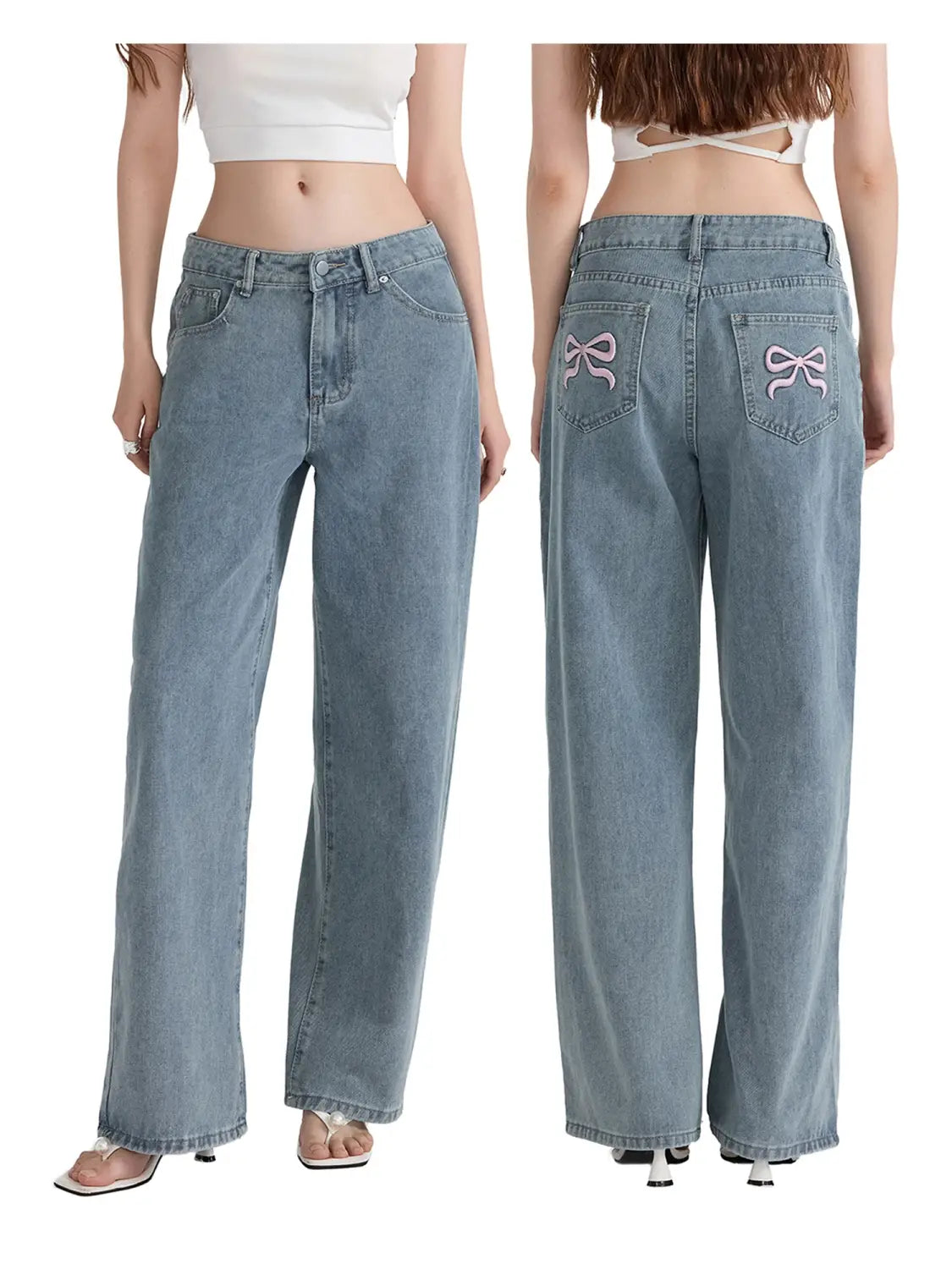 Low Waist Zipper Button Closure Bow Loose Trousers Women