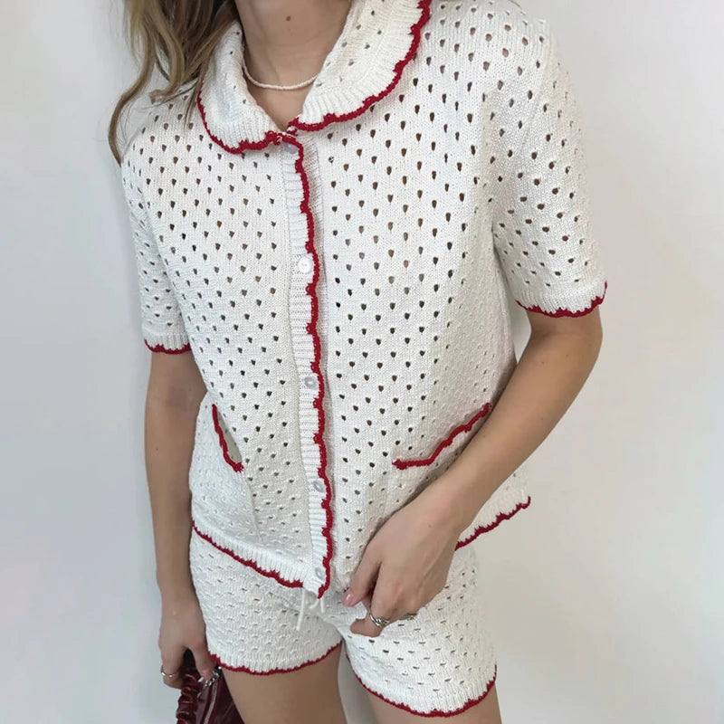 Knitted Suit Women's Casual Short Sleeve T shirt Set