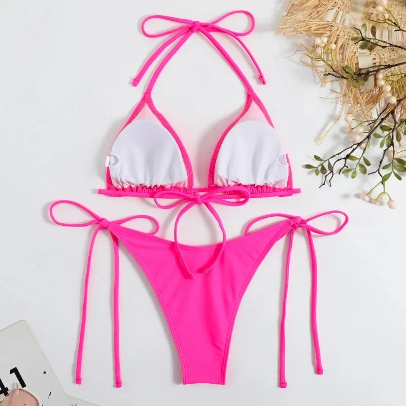 Women Thong Solid Color Bikini Set Side Halter Tie Swimsuit - Norellé