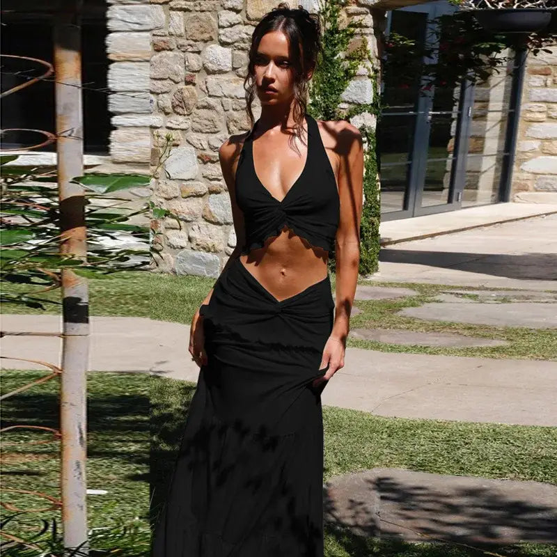 Elegant Two Piece Sets Sleeveless Frill Halter Twist Top Dress