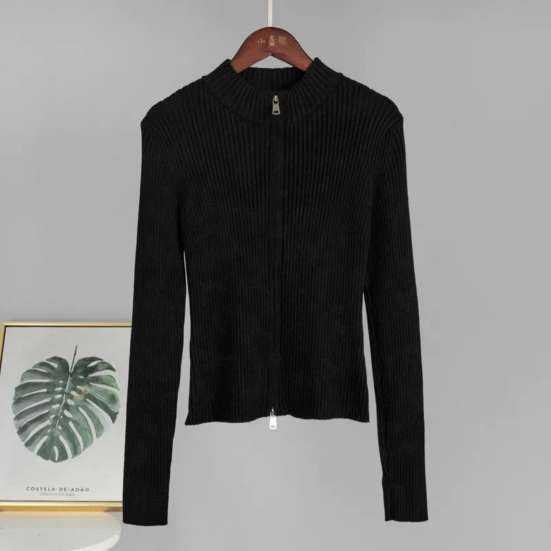 Solid Double Zip Knit Cardigan Women