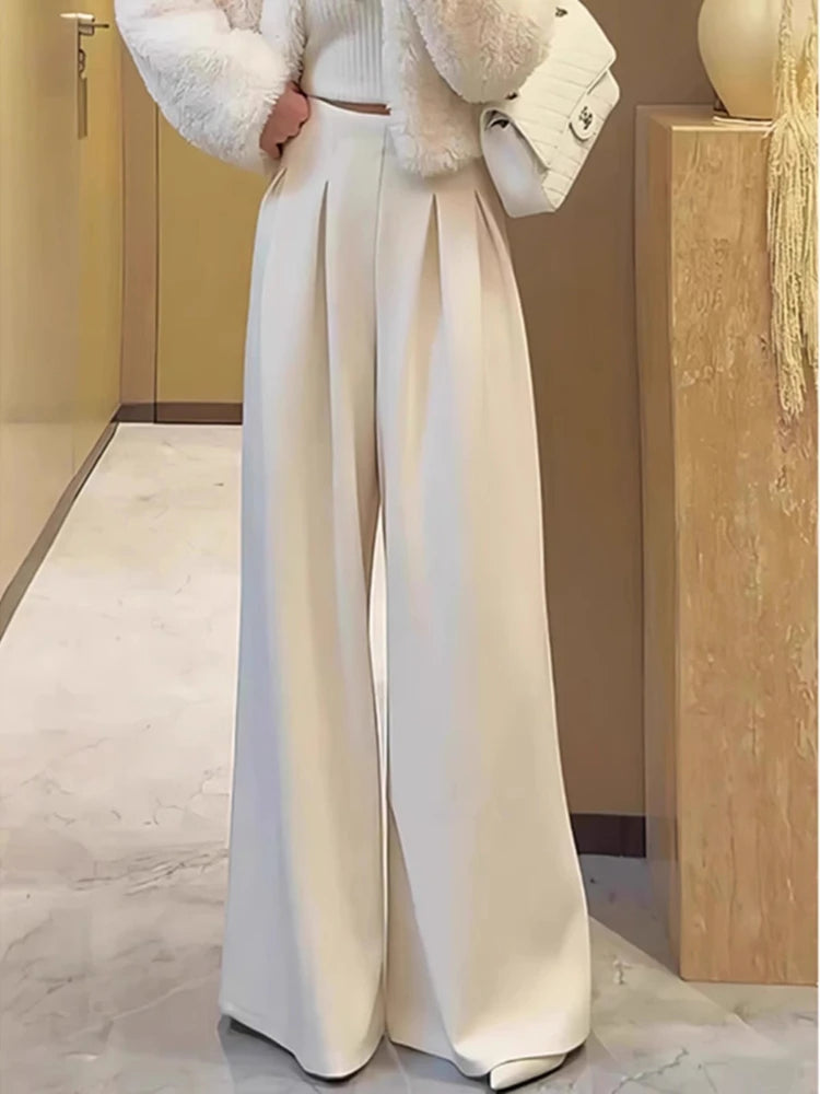 Retro High-end Pleated High-waisted and White Drape Floor Pants for Women
