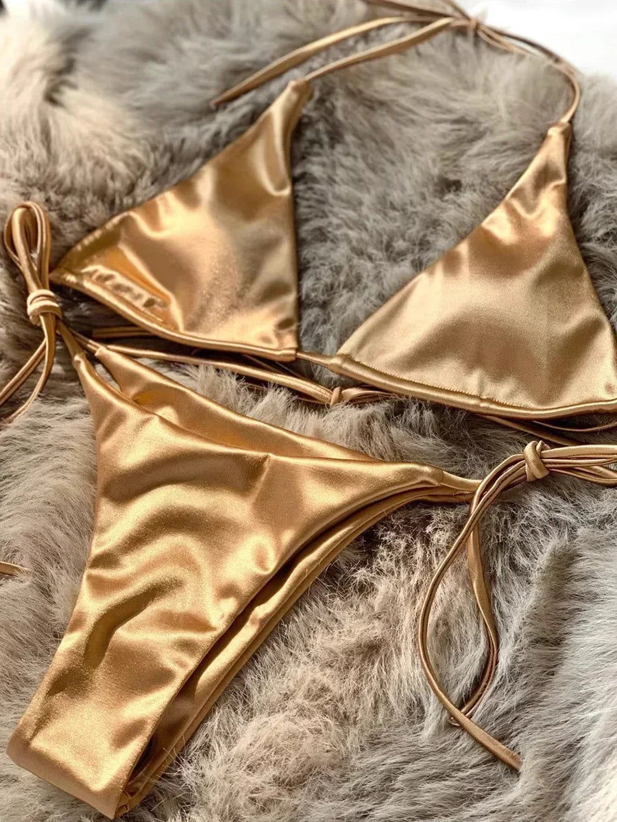 Halter Brazilian Metallic Satin Bikini Women Swimwear Female Swimsuit - Norellé