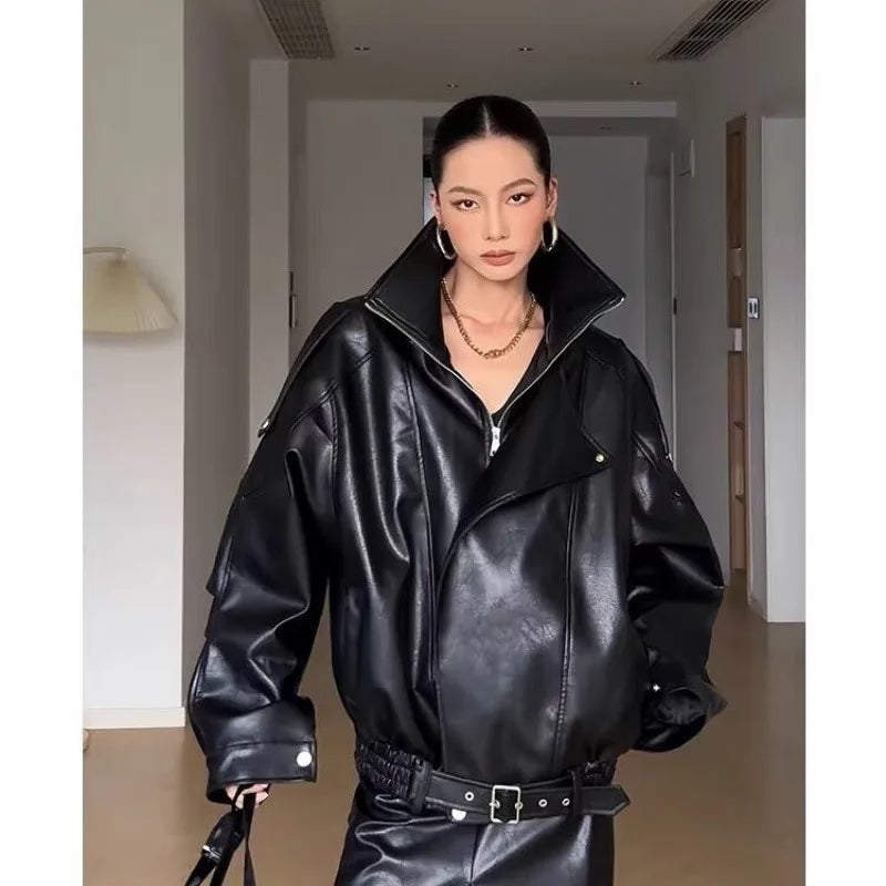 American Retro Brown Faux Leather Jacket Women