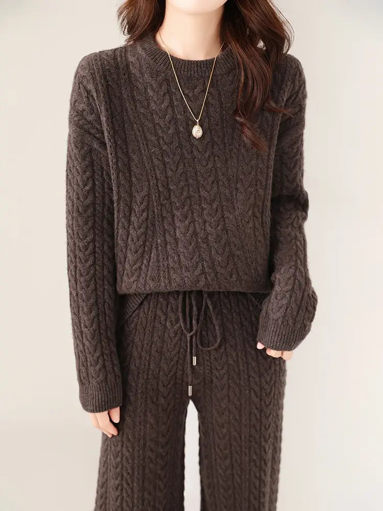 100% Wool Suit Women’s Pullover Sweater Knitting O-neck Wide Leg Pant