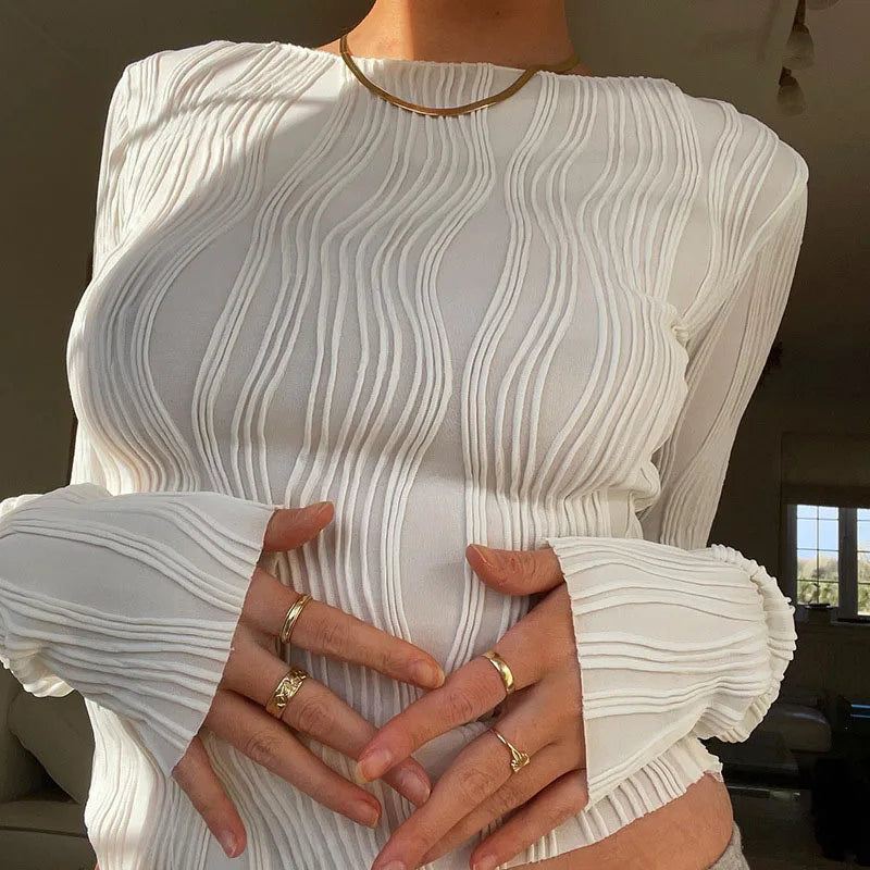 Casual Ruched Long Sleeve T-shirt Blouses Female White - Norellé