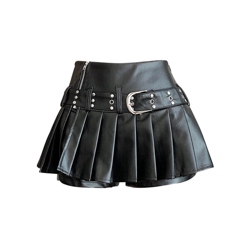 Women's Black Gothic A-line Pleated Leather Skirt Mini Shorts - Norellé