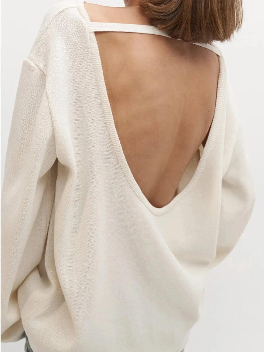 Backless O-neck Cotton Knit Sweater