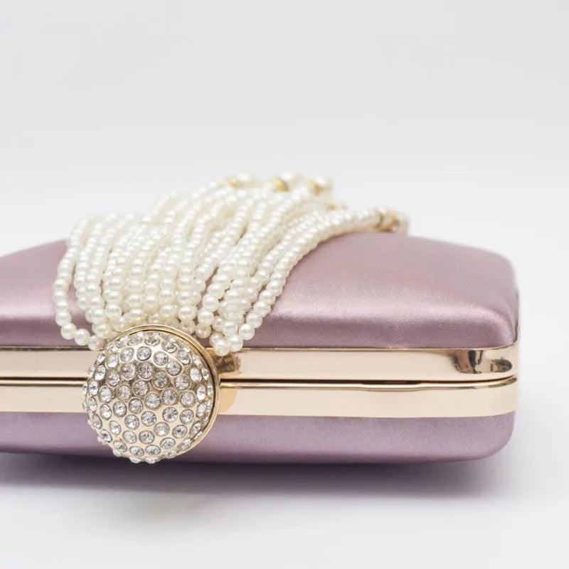 Women Pearl Tassel Satin Evening Bag