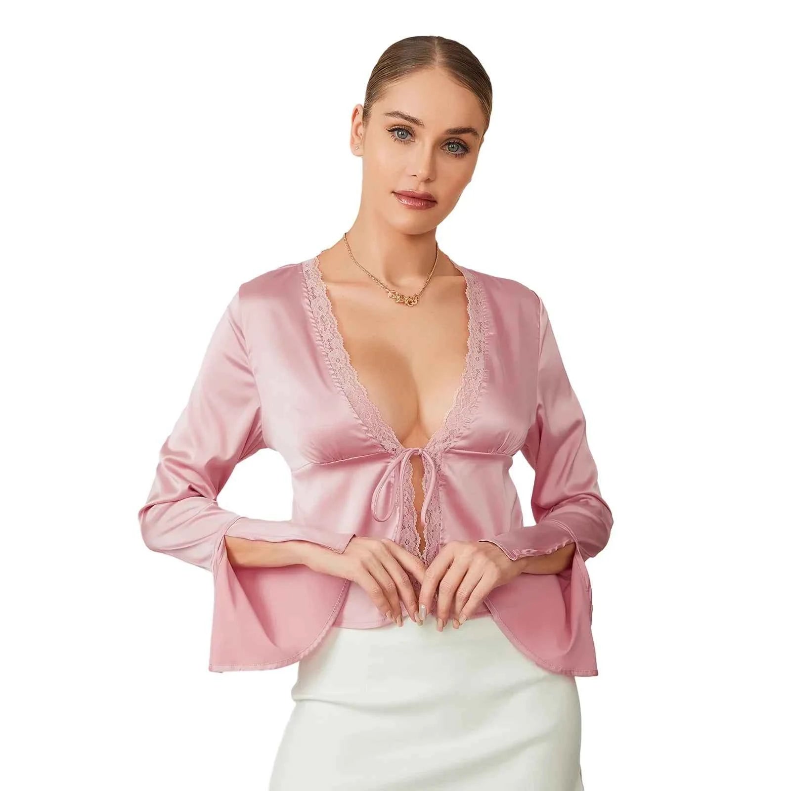 Women Basic Long Sleeve Lace Trim Deep V Neck Shirt