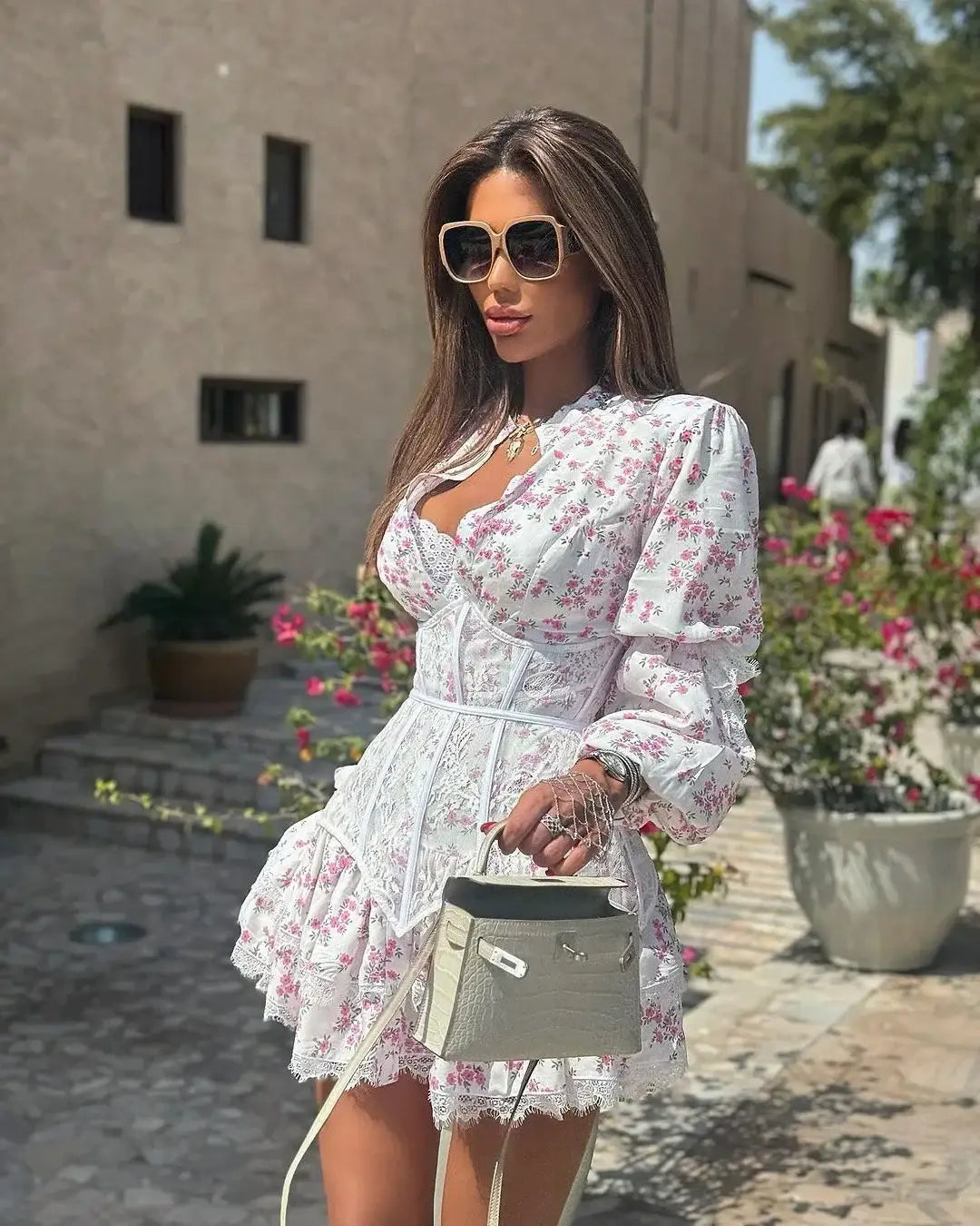 V-Neck Printed Mini Lace Dress Female Ruffled High Waist Long Sleeve