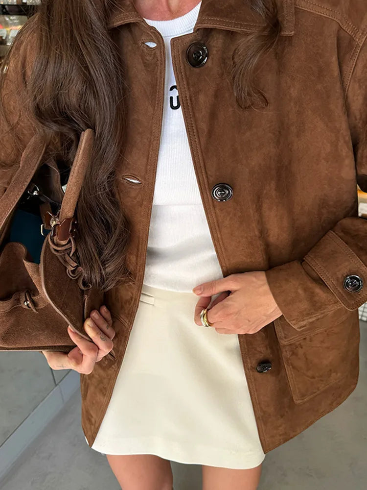 Women Dark Brown Suede Coat