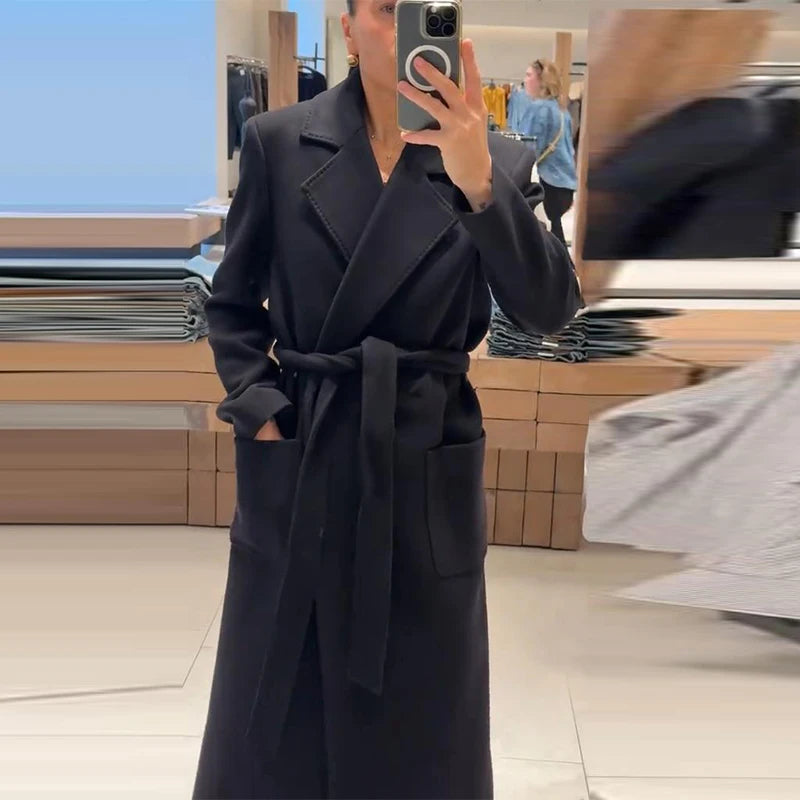 Women’s Overcoat Turn-down Collar Full Sleeve Belt Lace Up Black Long