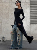 Black Asymmetrical Maxi Dress For Women's O Neck Long Sleeve - Norellé