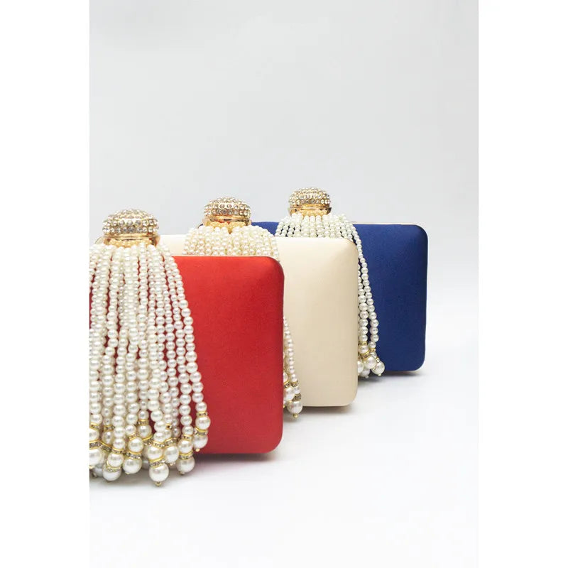 Women Pearl Tassel Satin Evening Bag