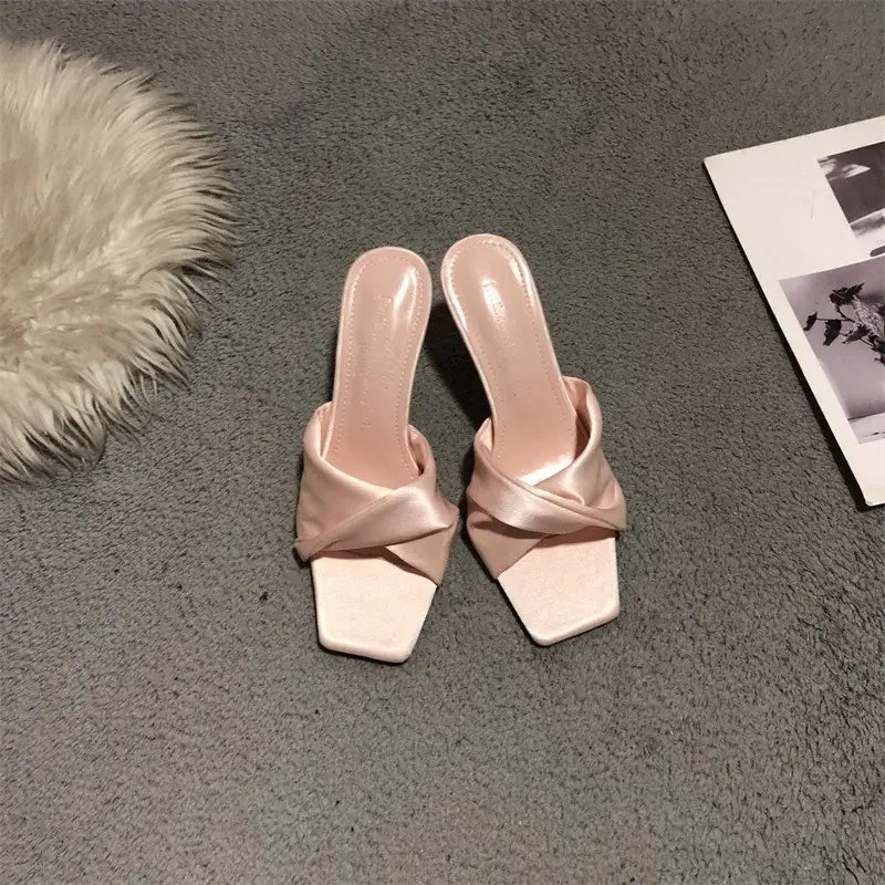 Satin Slippers Women Square Toe High Heels
