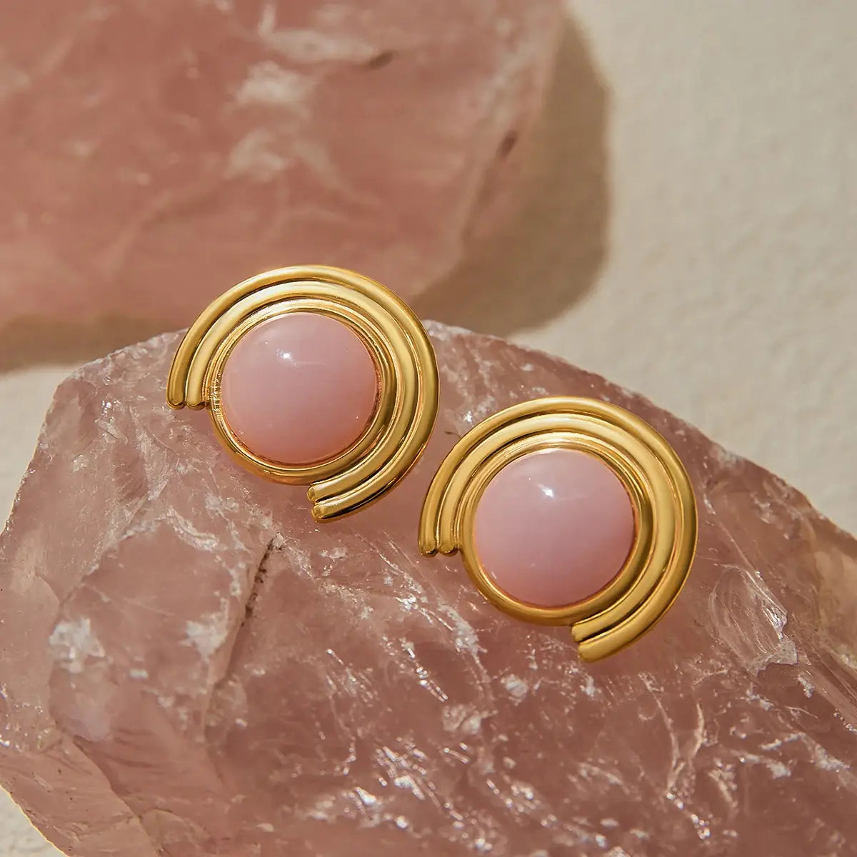 Pink Natural Stone Ribbed Earrings Stainless Steel