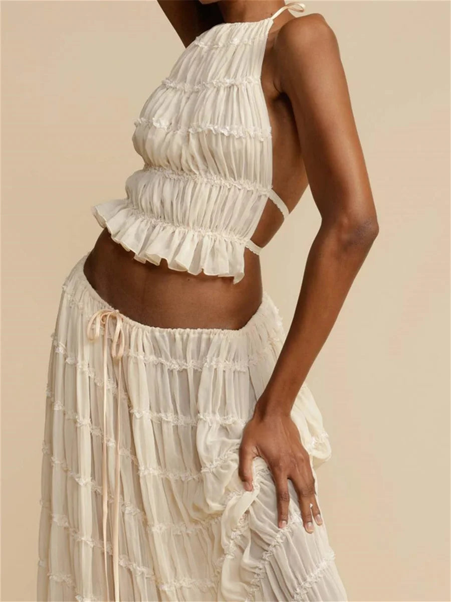 Fashion Solid Halter Neck Long Skirt Suit Women