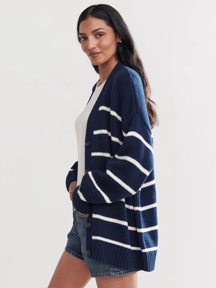 Women’s Striped Knit Cardigan V Neck Cotton Loose Fit