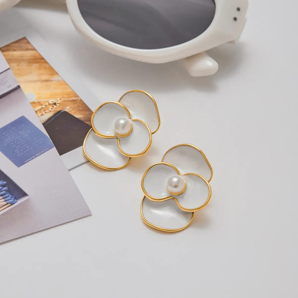 Stainless Steel Drip Oil White Four Petal Flower Ear Studs