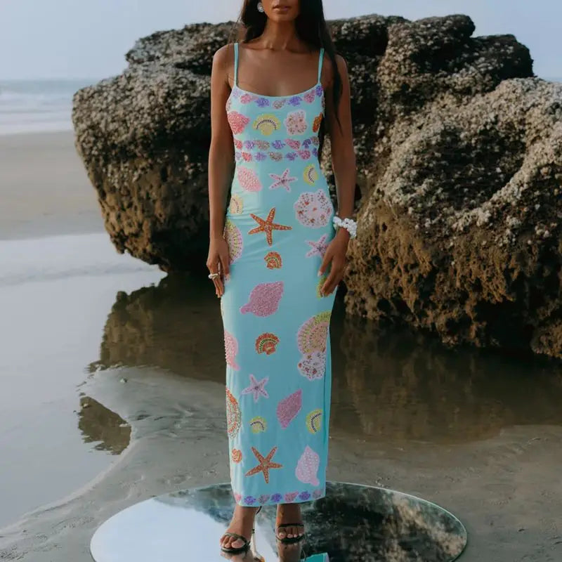 Women Shell Print Sleeveless Adjustable Straps Square Neck Straight Long Dress - Norellé