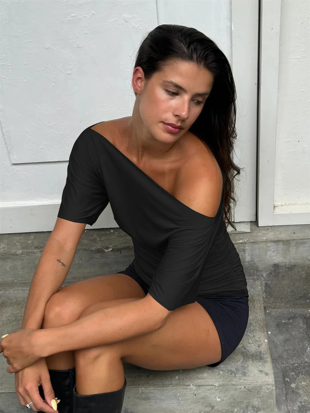 Off Shoulder Ruched Crop Top Women