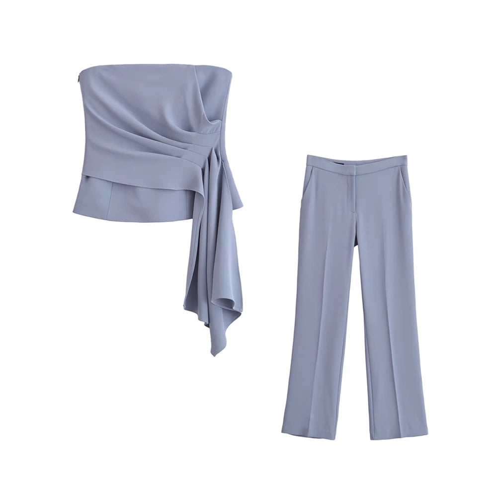 Women Fashion Draped Bustier Tops And High Waist Side Pockets Flared Pants