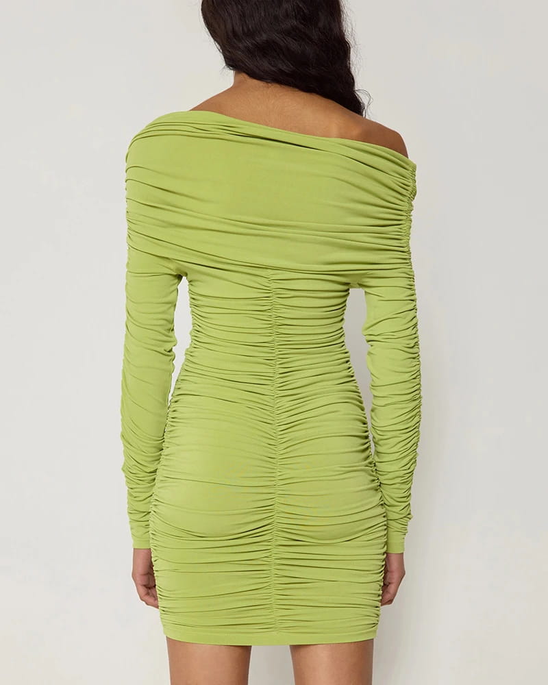 Inclined Shoulder Long Sleeve Mini Dress For Women