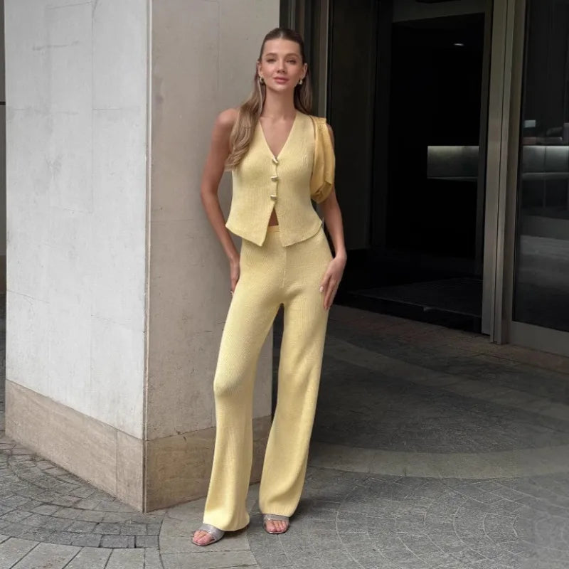 Knit Pant Sets Women V Neck Sleeveless Tank Tops High Waist Elegant