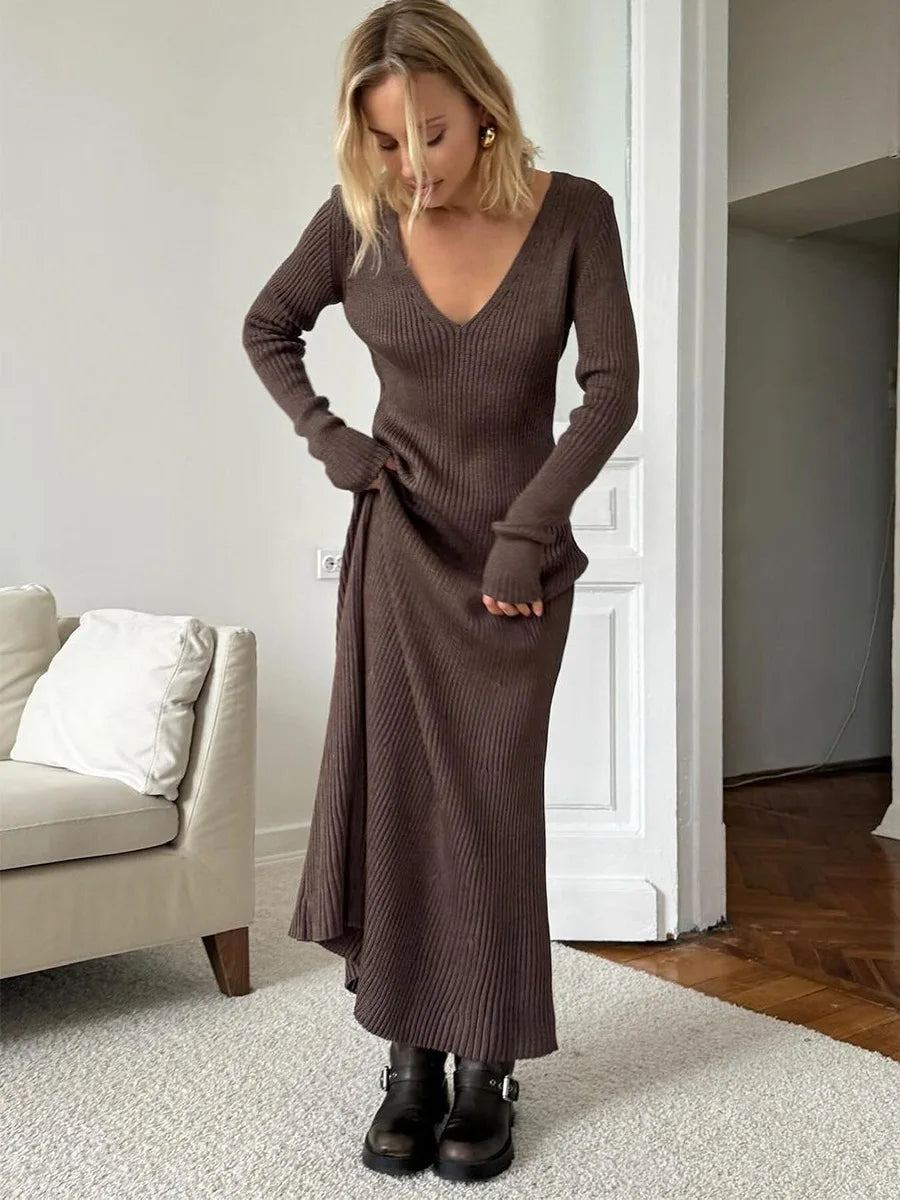 Women’s Long Sleeve V-neck Slim Bodycon Knitted Maxi Dress